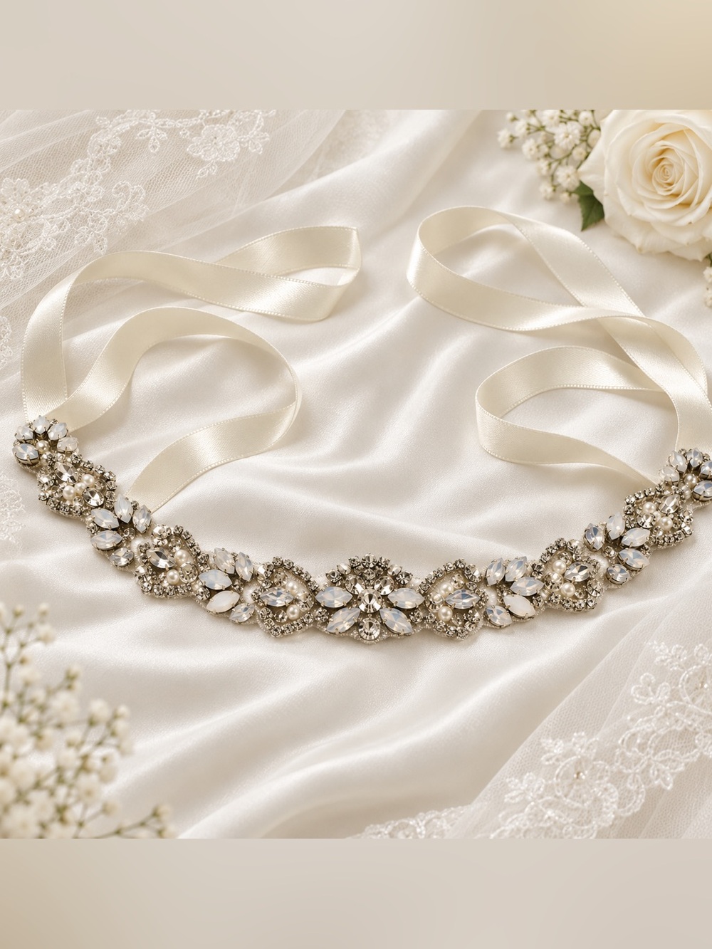 Heirloom Bridal Beaded White Opal Crystal Pearl Wedding Sash Belt NWT USA